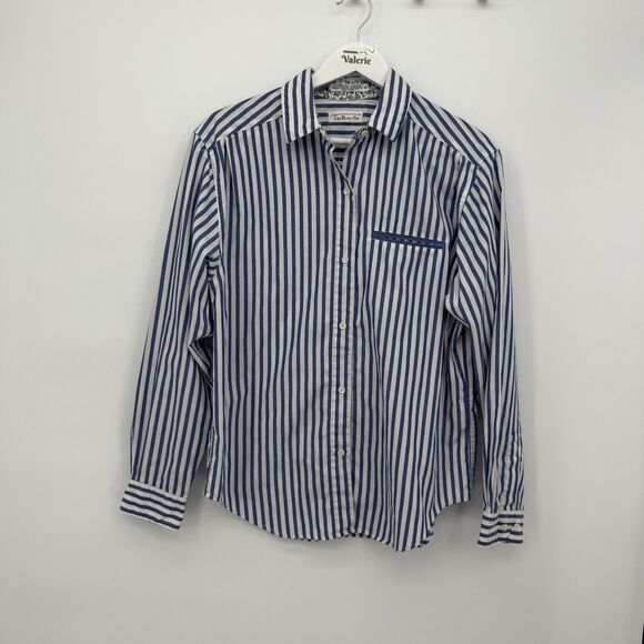 Talbots Vintage Striped Button Front Long Sleeve Top Size 10 Blue Business - Picture 1 of 10